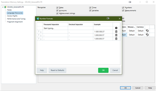 Trados Studio Translation Memory Settings dialog on Numbers tab displaying Number Format options for Thousand Separator and Decimal Separator with examples.