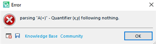 Error dialog box in Trados Studio with a red X icon indicating a parsing error for the regex pattern 'A(+)' and a message 'Quantifier x,y following nothing.' with options for Knowledge Base and Community.