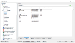 Trados Studio project settings window showing file types list with options such as Microsoft Word 2007-2019, Microsoft PowerPoint 2007-2019, and others.