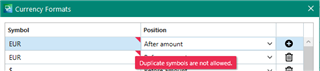 Trados Studio error message stating 'Duplicate symbols are not allowed' in the Currency Formats dialog box with EUR symbol set to 'After amount'.