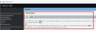 Screenshot of RegExr website with a regex expression highlighted in red box, showing a test string and a match list.