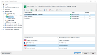 Trados Studio Project Settings dialog showing Termbase settings with 'Adhoc-Eintrage' enabled and language mappings.