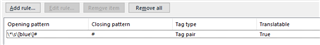 Trados Studio screenshot showing a tag pair rule with opening pattern 'blue' and closing pattern '#'.