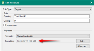 Edit inline rule dialog in Trados Studio with tag pair rule for blue text and formatting color set to 0, 128, 255.