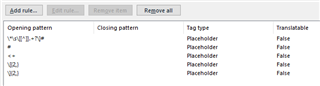 Trados Studio tag list showing multiple placeholder rules with non-translatable property set to false.