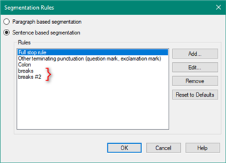 Screenshot of Trados Studio's Segmentation Rules window with a red error indicator next to 'Full stop rule'.