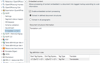 Trados Studio settings window showing the 'Embedded content' section with options for processing content embedded in a document. The 'Tag definition' table includes the user's input for 'Start tag' and 'End tag' with 'Type' set to 'Translatable'.
