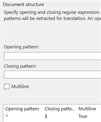 Trados Studio regex-based parser settings with multiline option checked for opening and closing patterns.