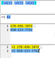 Screenshot of Trados Studio showing a search and replace function. The search field contains a regex pattern for phone numbers, and the replace field has a pattern to add country code +1.