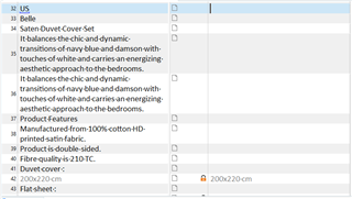 Screenshot of Trados Studio showing a segment with text about a Sateen Duvet Cover Set and its features listed in bullet points.