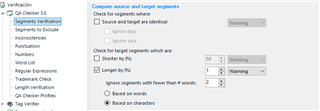 Trados Studio QA Checker 3.0 settings with options for comparing source and target segments, including warnings for segments that are identical, shorter by 10%, or longer by 10%.