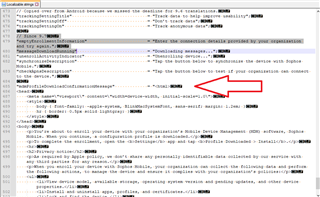 Screenshot of Trados Studio showing a .strings file with HTML code not displaying correctly, indicated by a red arrow.