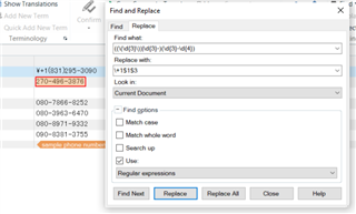 Trados Studio Find and Replace dialog box with a Regex string in the Find what field and '+1' in the Replace with field, showing a list of USA formatted phone numbers in the background.