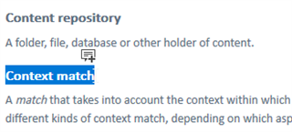 Screenshot showing two glossary terms in Trados Studio: 'Content repository' with a definition, and 'Context match' highlighted with a definition.