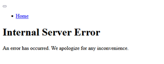 Screenshot showing an 'Internal Server Error' message with a link to the Home page and an apology for any inconvenience.