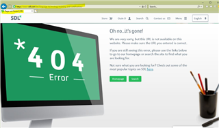 Screenshot of a 404 Error page on SDL website with a message 'Oh no, it's gone! This page is not available.' and options to return to the homepage or search the site.