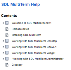 Screenshot of SDL MultiTerm Help contents page, incorrectly linked as SDL Trados Studio 2021 documentation.