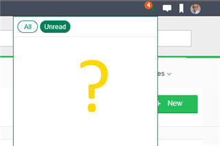Screenshot of Trados Studio showing a question mark icon in the center, indicating an issue or error. The unread messages counter is stuck at 4.