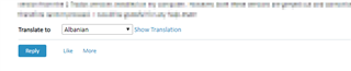 Screenshot showing the new 'translate' option below a blog post with a dropdown menu set to 'Albanian' and a 'Show Translation' button.