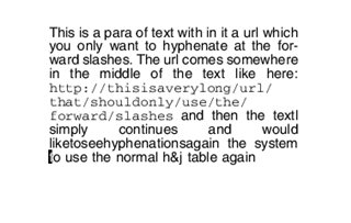 Screenshot of Trados Studio showing a paragraph with a long URL hyphenated at forward slashes, followed by text without proper hyphenation.