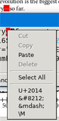 Context menu in Trados Studio with options Cut, Copy, Paste, Delete, Select All, and different representations of an em-dash.