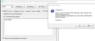 Trados Studio Print Command Options dialog box showing the addition of '-exec test.pl' in the Command line options field with a warning message box overlaid asking to confirm the action.