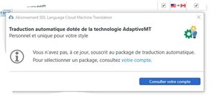 Error message in Trados Studio stating 'You do not currently have a subscription to the automatic translation package. To select a package, check your account.' with a button to 'Check your account.'