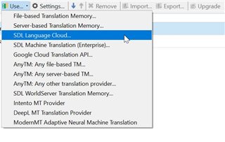 Dropdown menu in Trados Studio showing SDL Language Cloud selected among other translation memory options.