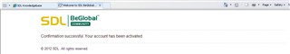 Web page with a confirmation message stating the BeGlobal account has been activated.