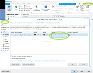 Screenshot of Trados Studio showing SDL Machine Translation Cloud settings with a warning 'No model available' for the selected language pair English to Spanish.