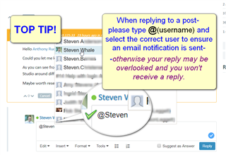 Screenshot of a forum post in Trados Studio with a highlighted tip advising to type @ followed by the username to ensure the correct user receives an email notification and the reply is not overlooked.