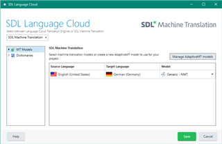 SDL Language Cloud window showing Machine Translation settings with Source Language set to English (United States) and Target Language set to German (Germany).