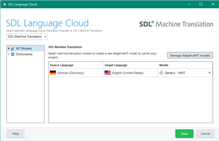 SDL Language Cloud window showing Machine Translation settings with Source Language set to German (Germany) and Target Language set to English (United States).