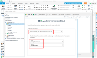 SDL Machine Translation Cloud login window on Trados Studio 2019 with 'User Credentials - SDL Machine Translation Cloud' selected. Email and obscured password fields are filled in, with no error message displayed.