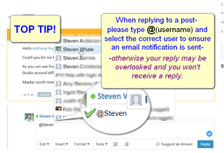 Screenshot of Trados Studio tip showing how to tag a user in a post by typing @ followed by the username to ensure they receive an email notification.