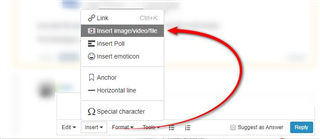 Dropdown menu with options including 'Link', 'Insert imagevideofile', 'Insert Poll', 'Insert emoticon', 'Anchor', 'Horizontal line', 'Special character'. A red arrow points to 'Insert imagevideofile'.