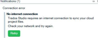 Trados Studio notification showing a connection error with a message 'No internet connection' and a 'Retry' button.