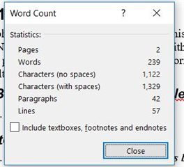 Word Count dialog box showing statistics: 2 pages, 239 words, 1,122 characters without spaces, 1,329 characters with spaces, 42 paragraphs, 57 lines.