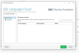 SDL Machine Translation Cloud plugin window with no available models for the selected source and target language combination.