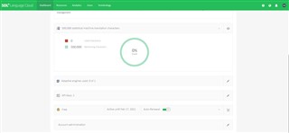 SDL Language Cloud dashboard showing an active account with 500,000 characters available and a green 'OK' status.