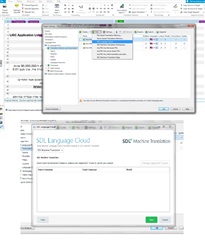 Screenshot of Trados Studio interface showing SDL Language Cloud settings with English to Hebrew as the default language pair.