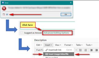 Error dialog box with red X icon, 'Click here' and 'Advanced Editing Options' highlighted in red.