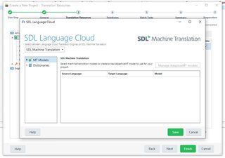 Screenshot of Trados Studio 2019 showing an empty SDL Language Cloud window with tabs for MT Models and Dictionaries, and a message 'Install machine translation models or create a new Machine Translation model for your pair.'