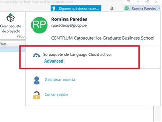 Trados Studio screenshot showing an active Language Cloud package labeled 'Advanced'.