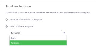 Screenshot of Trados Studio's Termbase definition page showing options to create termbase without template or use a termbase template with 'Advanced' selected.