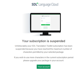 Screenshot of SDL Language Cloud showing a message that the subscription is suspended due to reaching the maximum number of characters permitted by the selected package with an option to upgrade the package.