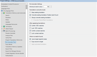 Trados Studio Pre-translate settings page showing options for Minimum match value, Translation Memory and Automated Translation, with 'Apply automated translation' checked.