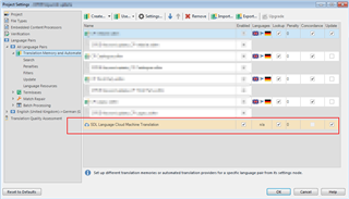 Trados Studio project settings window showing Language Cloud Machine Translation with a red error icon and an exclamation mark indicating an issue.