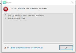 Error dialog box in Trados Studio with a red cross icon, text reads 'One or more errors have occurred. Authentication failed'. Buttons for 'Knowledge Base' and 'Community' are visible along with an 'OK' button.