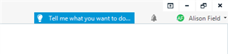 Trados Studio interface with a search bar saying 'Tell me what you want to do...' and a user icon labeled 'Alison Field'.